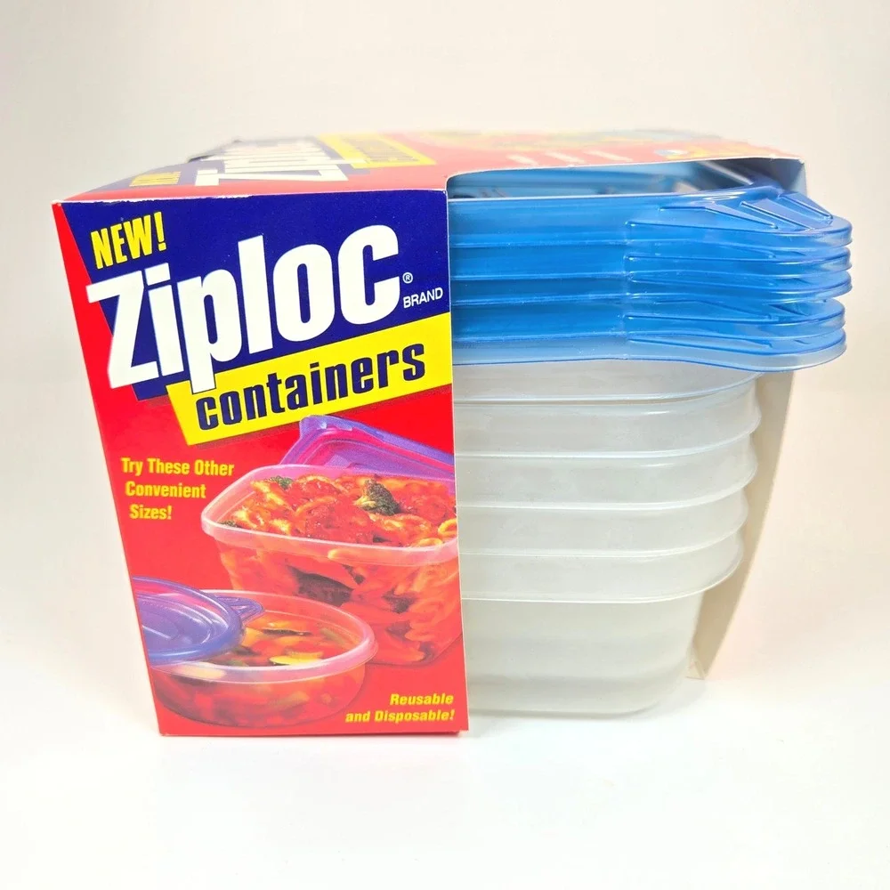Vintage 1998 Ziploc Containers 5 Pack Small Square 20oz Snap N Seal Lids NEW